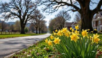 bright yellow daffodils nod gently in the breeze along the edge of a quiet country road lined with tall oak trees. photo