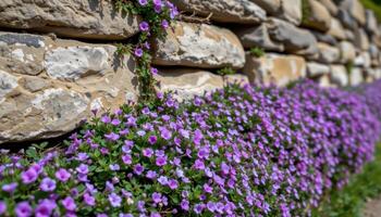a rustic stone wall is softened by blooming creeping thyme, its tiny purple flowers carpeting the surface like a living tapestry. photo