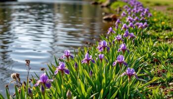 the gentle curve of a riverbank is lined with purple irises, their slender leaves dipping into the calm water below. photo