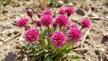 clusters of globe amaranth sway like ornaments on thin stems across a dry patch of wild land. photo