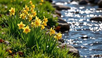 bright yellow daffodils bloom along the banks of a gently flowing stream, their reflections shimmering in the water. photo