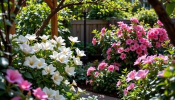 a shaded garden nook is filled with white gardenias and pink azaleas, their rich fragrances mingling in the warm air. photo