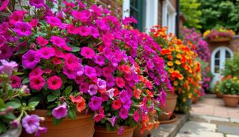 a lush garden terrace bursts with trailing lobelia and bright petunias, their vibrant colors cascading over terracotta pots. photo