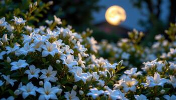 the soft glow of moonlight illuminates a garden bed filled with fragrant jasmine and delicate white gardenias. photo