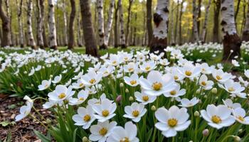 a cluster of delicate white anemones blooms beneath a canopy of silver birch trees, their petals soft as silk. photo