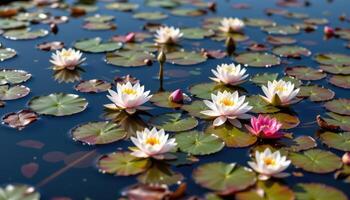 a quiet pond is surrounded by blooming water lilies in shades of white and pink, their petals floating gently on the surface. photo