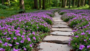 creeping thyme in full bloom softens the edges of stepping stones along a path that disappears into the woods. photo