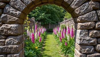 a narrow gap in a stone wall reveals a secret garden where foxgloves bloom in rows beneath a canopy of trees. photo