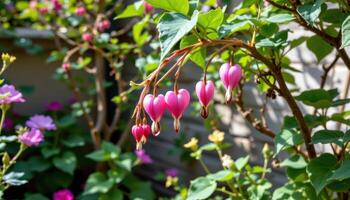 bleeding heart flowers hang delicately from arching stems in a secluded corner garden wrapped in quiet shade. photo