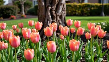 coral colored tulips reach upward from a dark flower bed, framed by the tall shadow of a leafless tree. photo