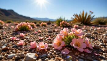 the petals of desert roses glow under intense sunlight, scattered between small stones and bone dry earth. photo