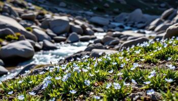 patches of forget me nots bloom in the shadow of jagged rocks beside a glacial stream in the high mountains. photo