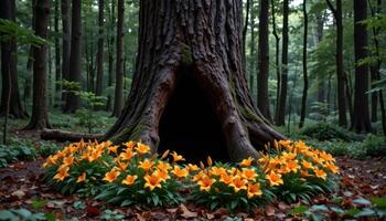 a ring of orange tiger lilies surrounds the base of an ancient, hollow tree at the edge of a dark forest. photo