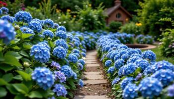 a row of blue hydrangeas lines the walkway to a forgotten well, glowing against the surrounding greenery. photo
