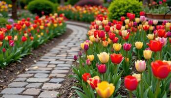 a quiet garden path winds past beds of blooming tulips in fiery reds, deep purples, and soft yellows, lined with cobblestones. photo