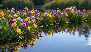 the curved edge of a lake is bordered by irises in deep purples and bright yellows, mirrored perfectly in the still water. photo