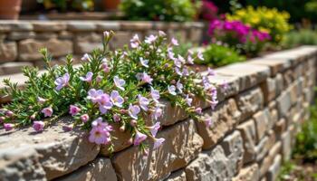 flowering rosemary spills over the ledge of a terraced wall garden, buzzing only with silence and sunlight. photo