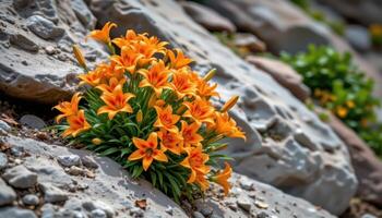 bright orange tiger lilies grow in clusters on a rocky slope, their vibrant petals contrasting with the rough stone. photo