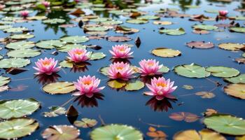 a quiet pond is surrounded by blooming water lilies, their petals floating serenely on the glassy surface. photo