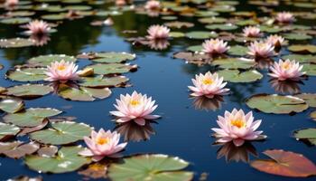 a quiet pond is surrounded by blooming water lilies, their pale pink and white petals floating serenely on the glassy surface. photo
