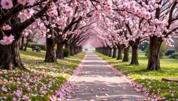 soft pink cherry blossoms drift gently through the air, carpeting a quiet path beneath towering trees in early spring. photo