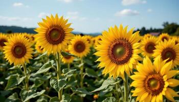 bright yellow sunflowers stand in proud rows, their faces tracking the movement of the sun from dawn until dusk. photo