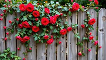 a rustic wooden fence is overtaken by vibrant red roses, their thorny vines curling tightly around the photo