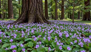 wild violets create soft purple patches beneath towering pine trees, their delicate blooms contrasting with dark green needles. photo