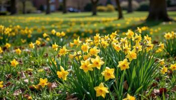 bright yellow daffodils bloom in scattered patches across a grassy park, their trumpet shaped flowers signaling spring's arrival. photo
