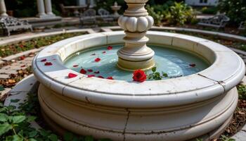 the petals of a single red rose lie scattered across a white marble fountain photo