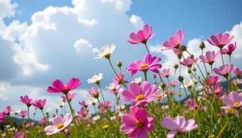 pink and white cosmos flowers sway gently in a summer breeze, their slender stems bending gracefully beneath fluffy clouds. photo