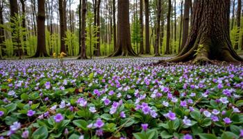 a patch of wild violets carpets a forest floor, their soft purple petals scattered beneath towering trees. photo