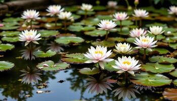 a quiet garden pond is fringed with blooming water lilies in shades of white and pink photo