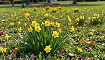 bright yellow daffodils bloom in scattered patches across a grassy park, their trumpet shaped flowers signaling photo