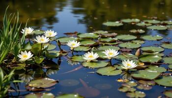 a quiet pond's edge is dotted with blooming white water lilies and floating green lily pads. photo