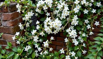 the scent of jasmine fills a quiet garden corner, where delicate white flowers cluster thickly on twisting vines. photo