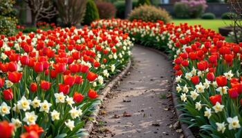 the gentle curve of a garden path is bordered by clusters of bright red tulips and creamy white daffodils. photo