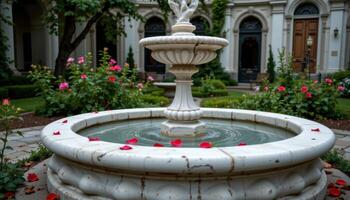 the petals of a single red rose lie scattered across a white marble fountain in an abandoned garden. photo
