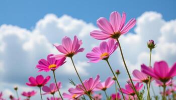 pink and white cosmos flowers sway gently in a summer breeze, their slender stems bending gracefully beneath photo