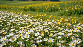 white daisies and yellow buttercups intermingle across a gently rolling field, their colors sparkling in the late photo