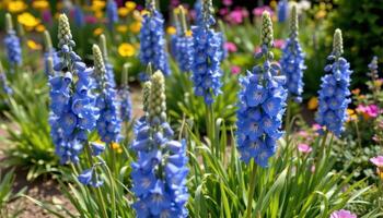 clusters of blue delphiniums rise proudly in a sunny garden bed, their tall spires swaying gently in a light breeze. photo