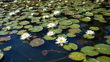 a quiet pond is fringed with white water lilies, their pale petals floating serenely on the still surface. photo