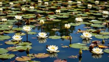 a quiet pond is surrounded by blooming water lilies, their pale petals reflecting perfectly in the still, clear water. photo