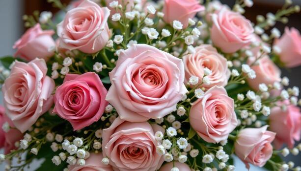 clusters of tiny white baby's breath surround blooming roses, adding delicate softness to a classic floral display. photo