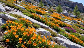 a rocky slope is dotted with vibrant orange tiger lilies and patches of wild thyme, creating a mosaic of color and texture. photo