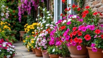a garden terrace bursts with trailing lobelia and vibrant petunias, their colors cascading over terracotta pots. photo