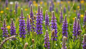 clusters of purple lupines rise proudly in a wildflower meadow, their tall spikes standing out against the green grasses. photo