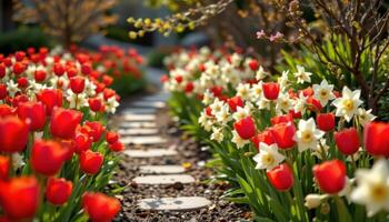 the gentle curve of a garden path is bordered by bright red tulips and creamy white daffodils photo