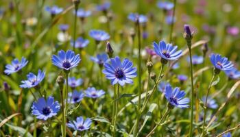 bright blue cornflowers bloom vibrantly in wild meadows, their slender stems swaying in summer breezes. photo