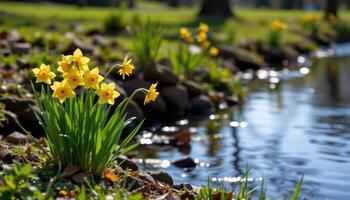 clusters of bright yellow daffodils spring up beside a calm riverbank, their reflections shimmering on the water's surface. photo